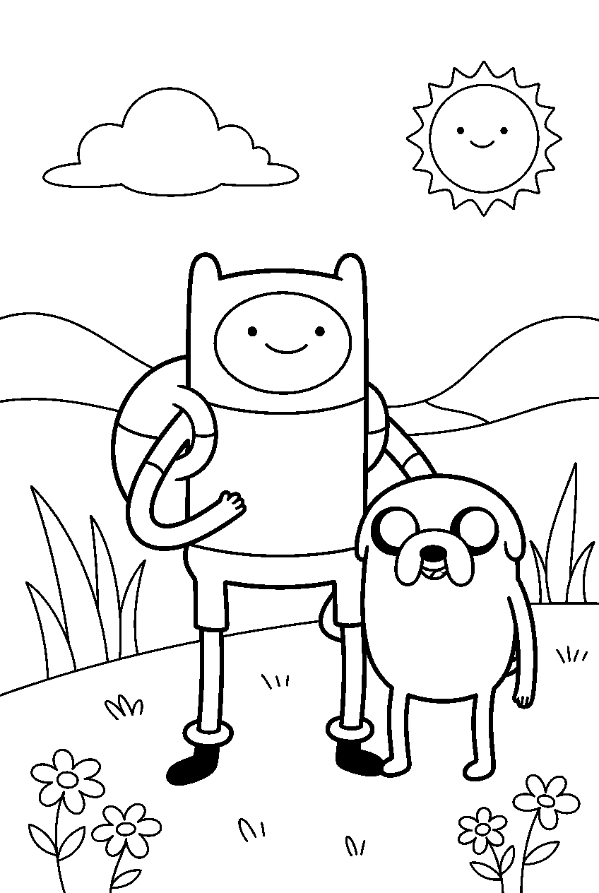 adventure time characters in grassland meadow line art