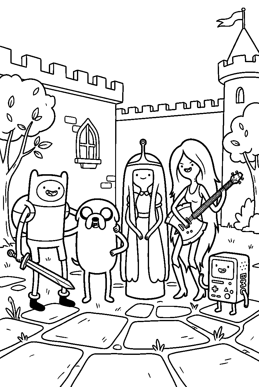 adventure time characters in kingdom courtyard line art