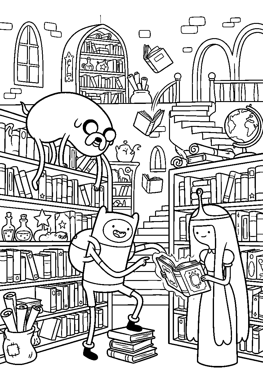 adventure time characters in magical library line art
