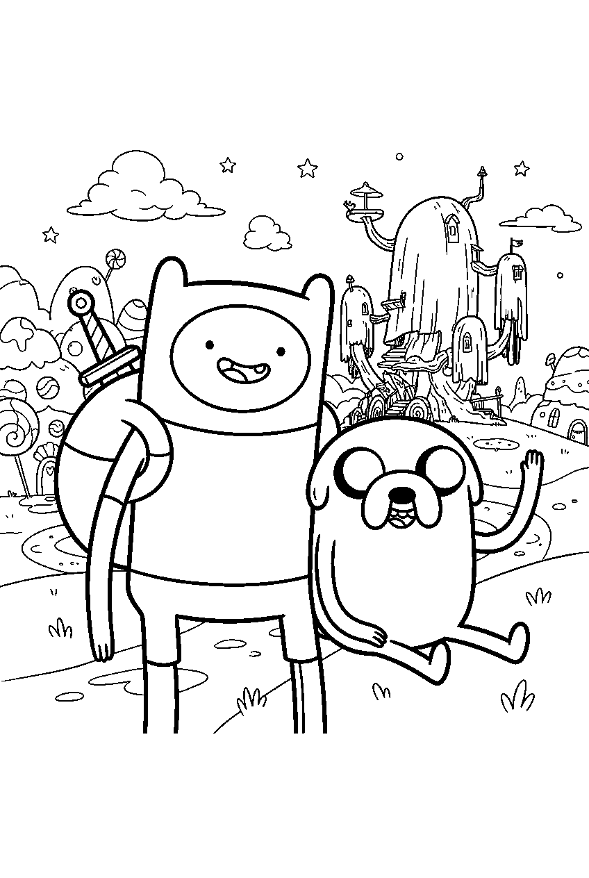 adventure time characters in magical village line art