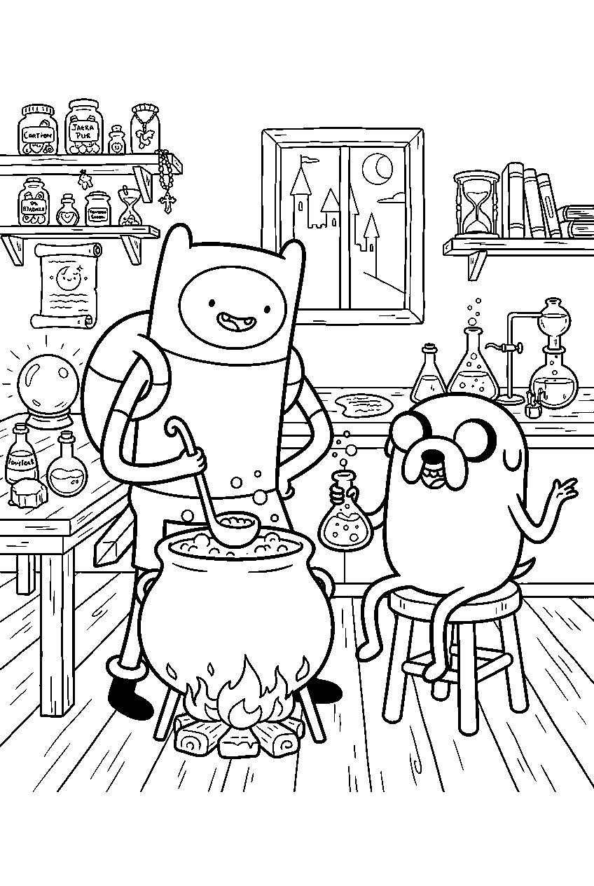 adventure time characters in magical workshop line art