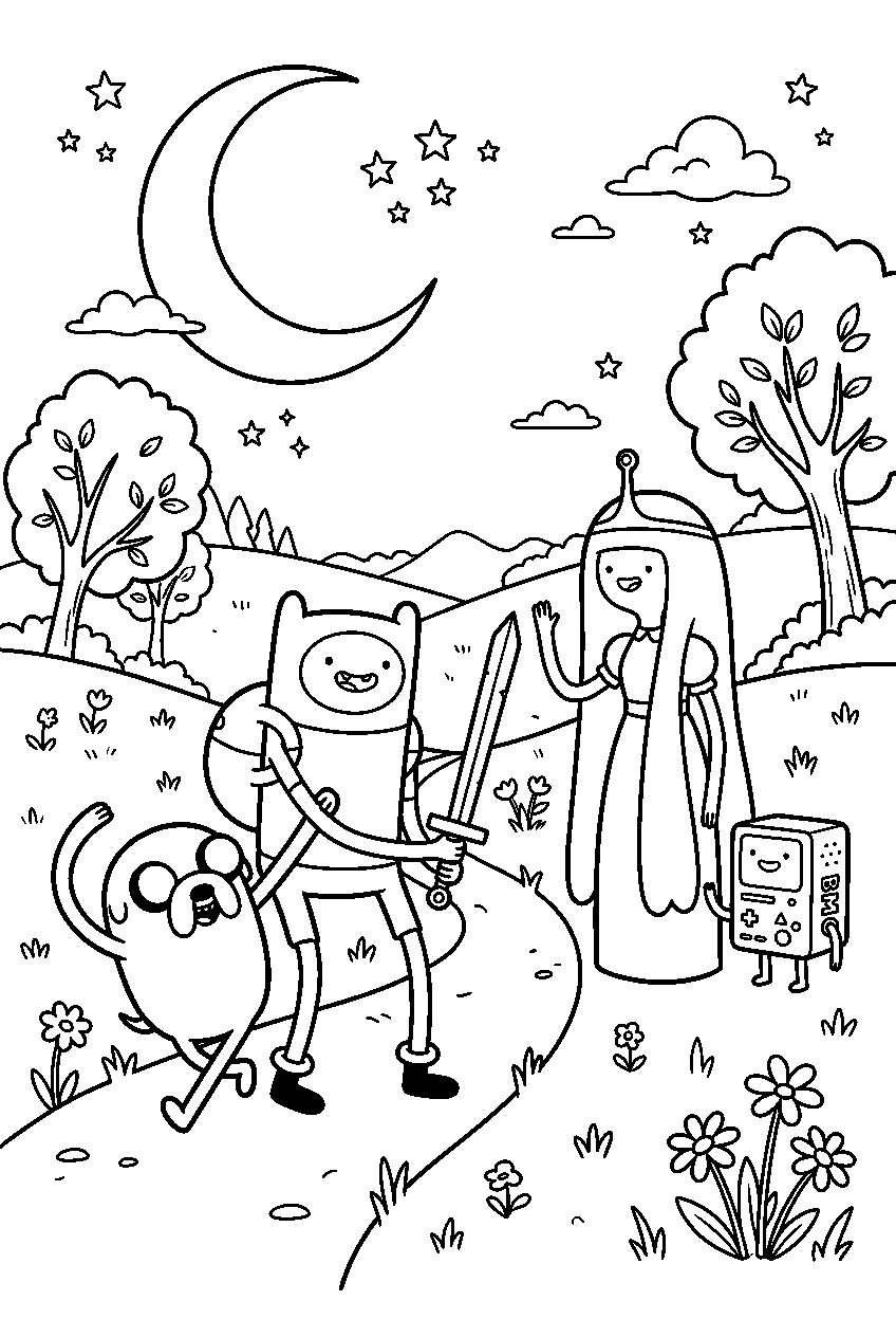 adventure time characters in moonlit meadow line art