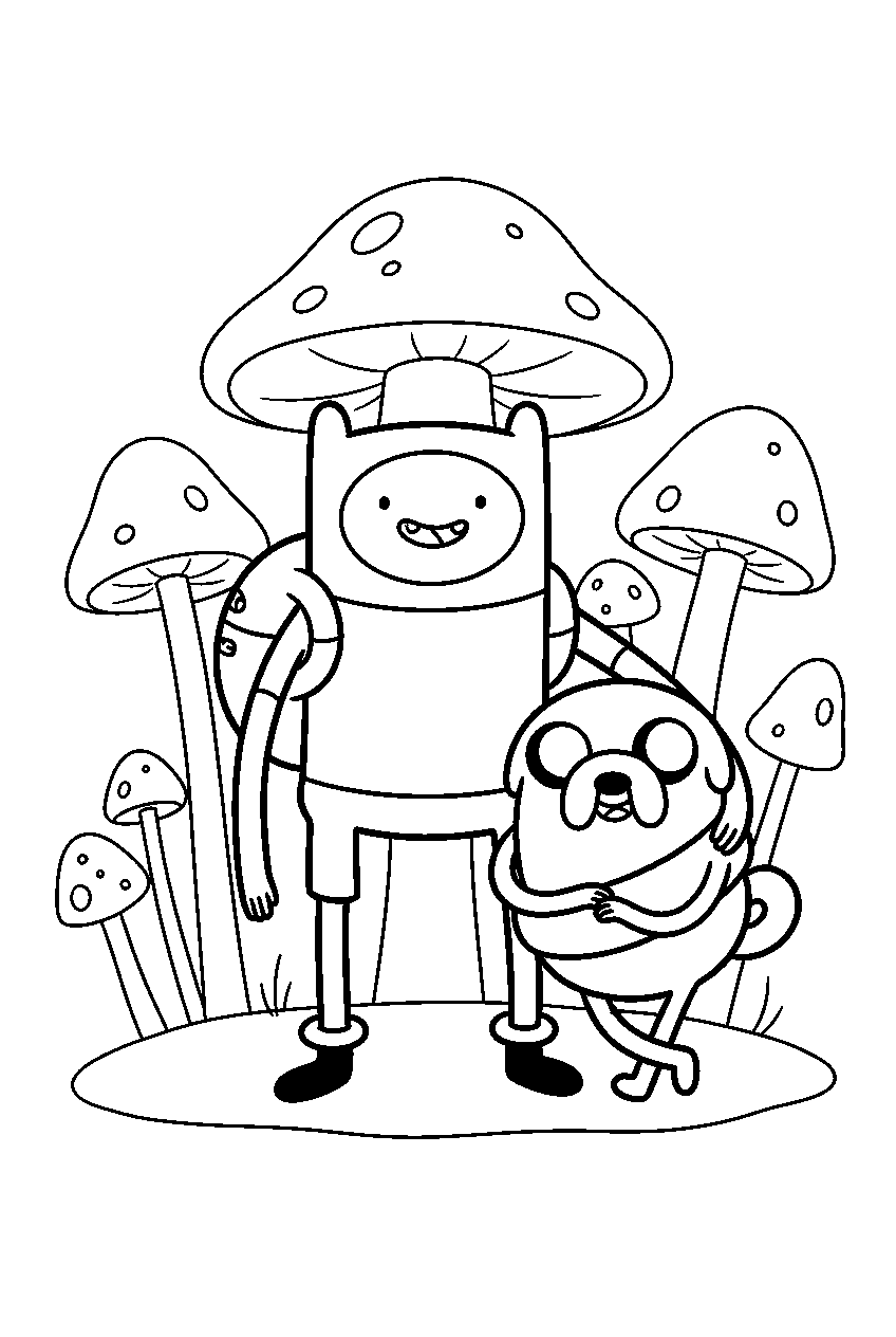 adventure time characters in mushroom forest line art
