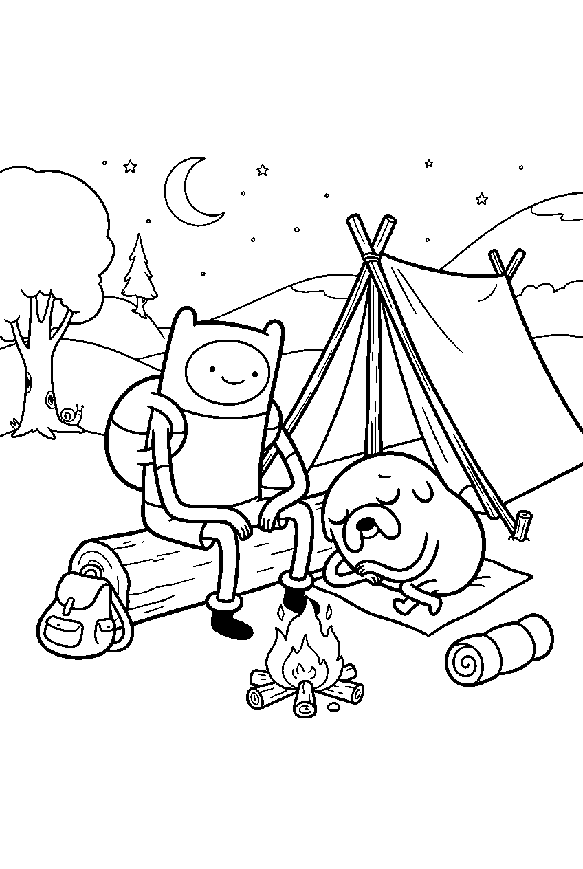 adventure time characters in peaceful campsite line art