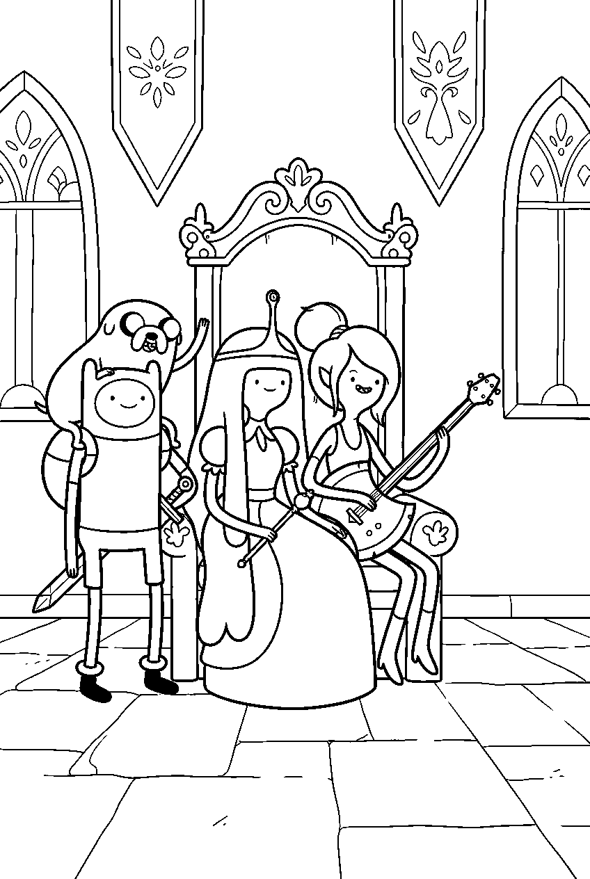 adventure time characters in royal throne room line art