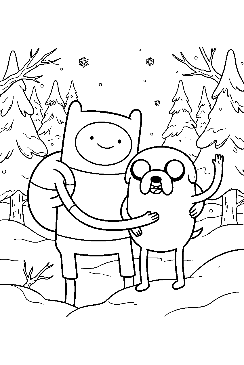 adventure time characters in snowy forest line art