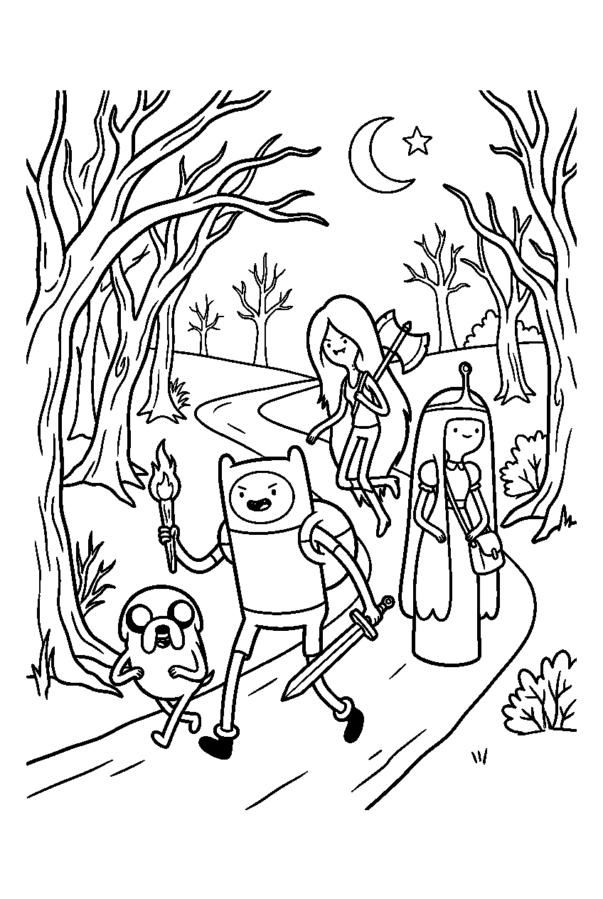 adventure time characters in spooky forest line art