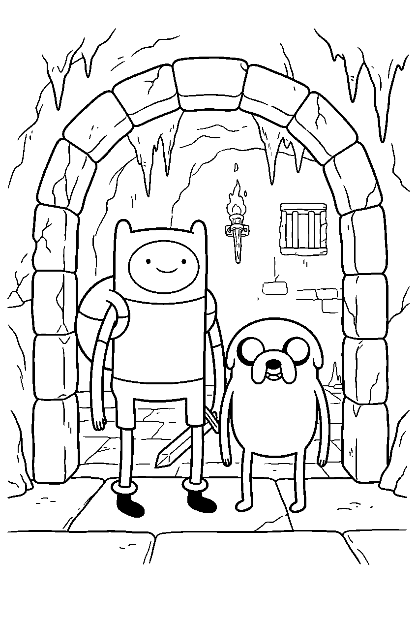 adventure time characters in underground dungeon line art