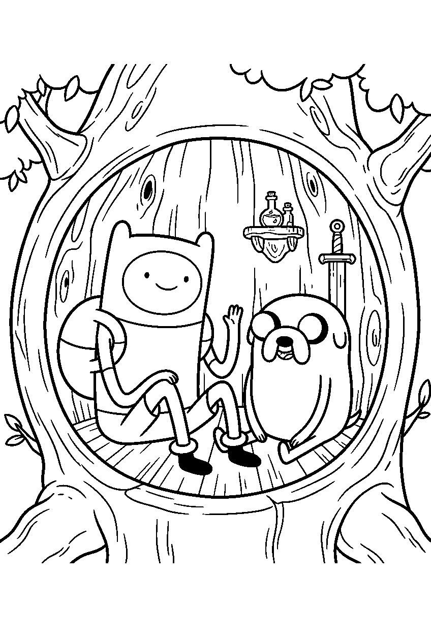 adventure time characters inside tree hollow line art