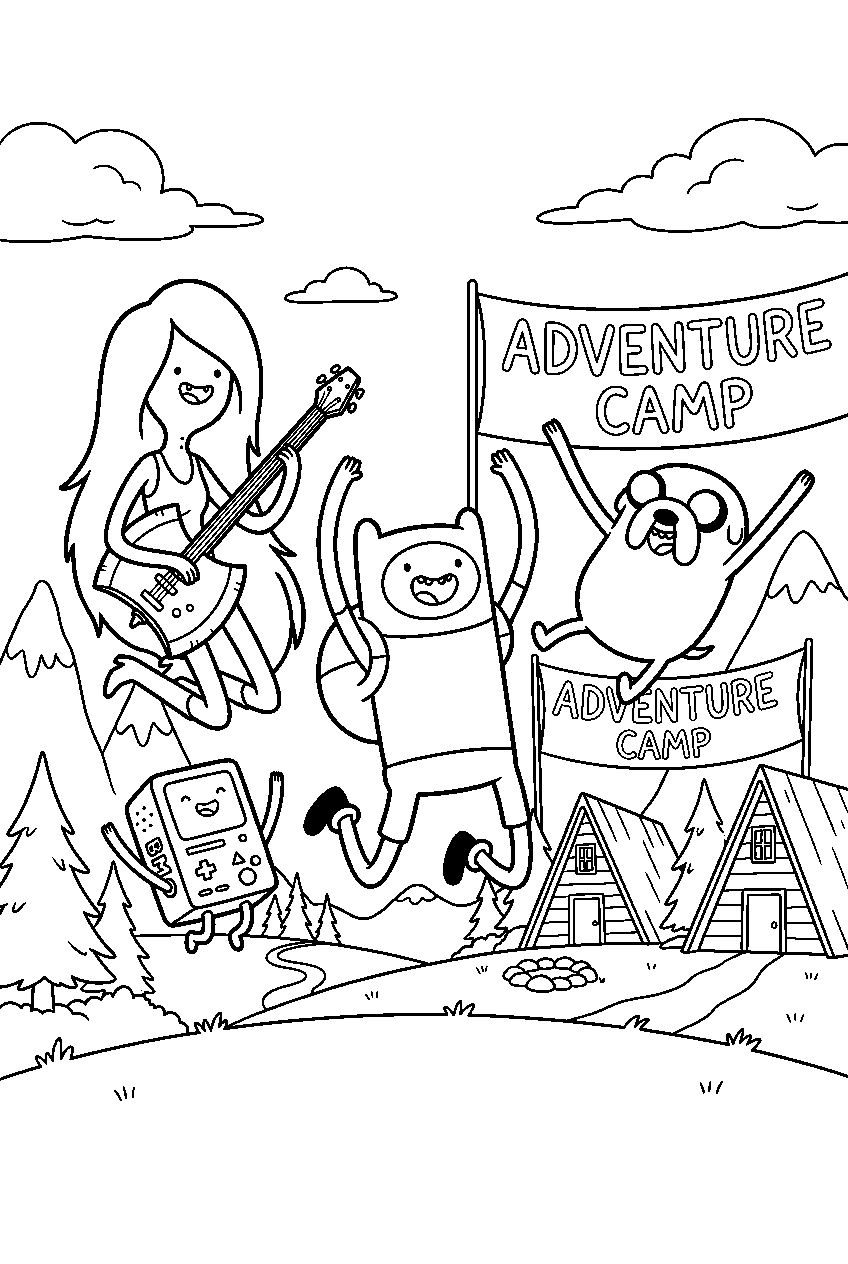 adventure time characters jumping in adventure camp line art