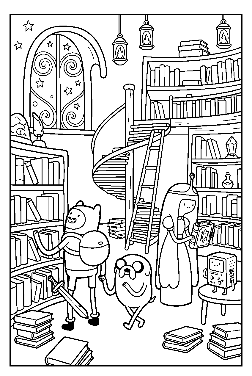 adventure time characters looking around in magical library line art