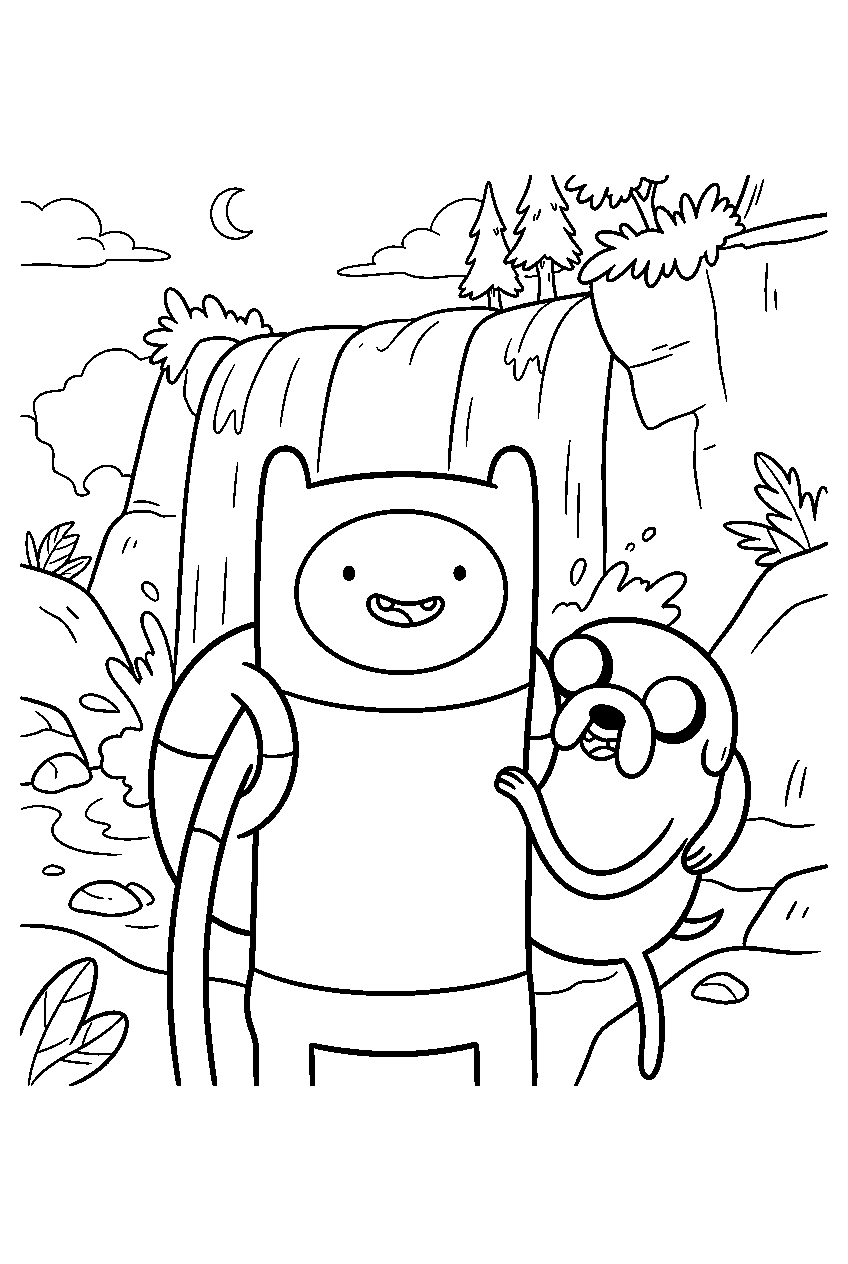 adventure time characters near waterfall line art