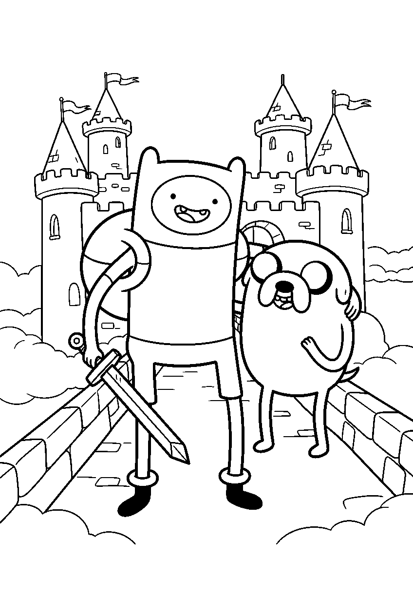 adventure time characters on castle bridge line art
