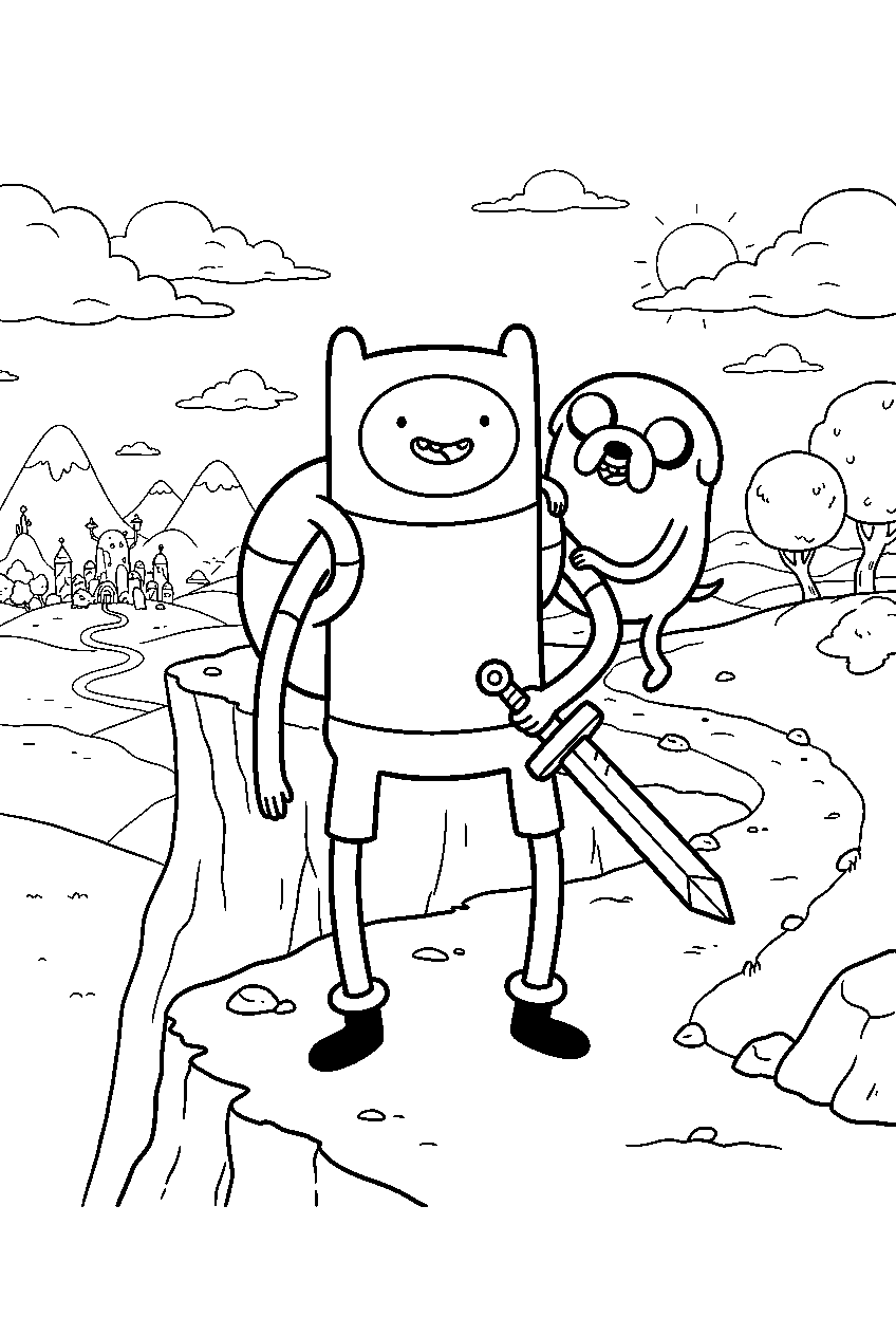 adventure time characters on cliffside path line art