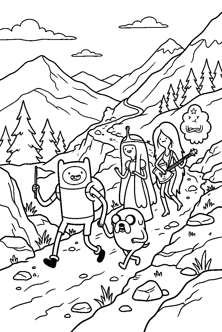 adventure time characters on mountain trail line art