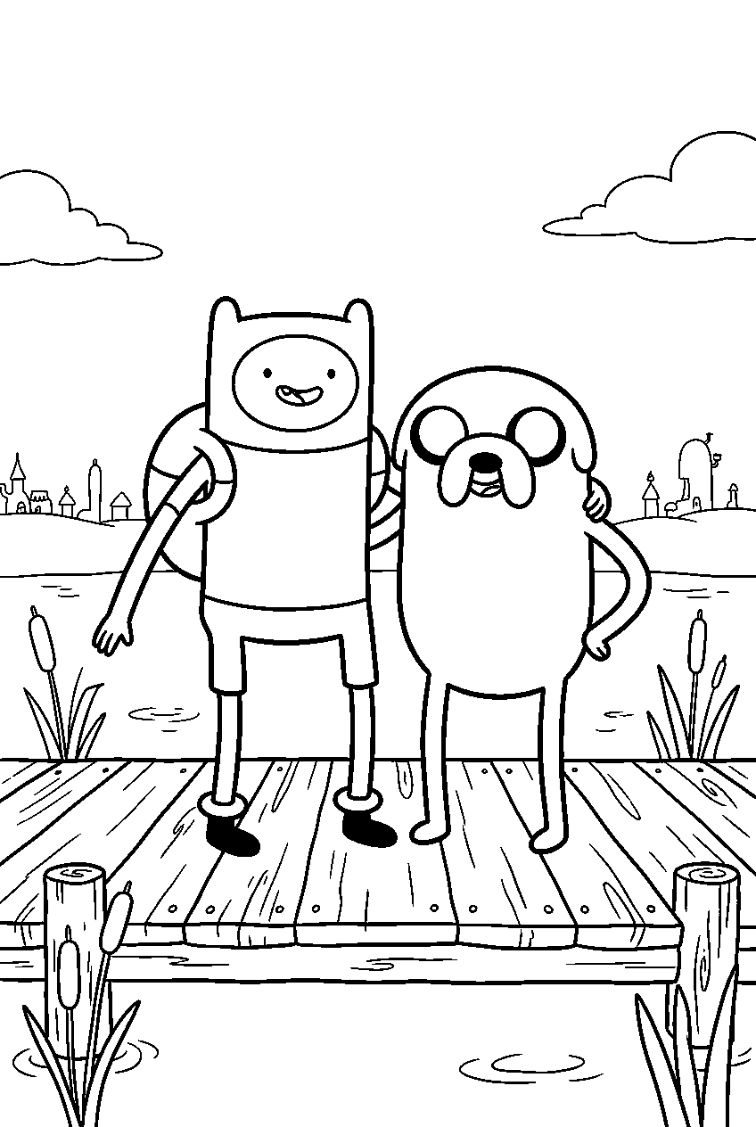 adventure time characters on wooden dock line art