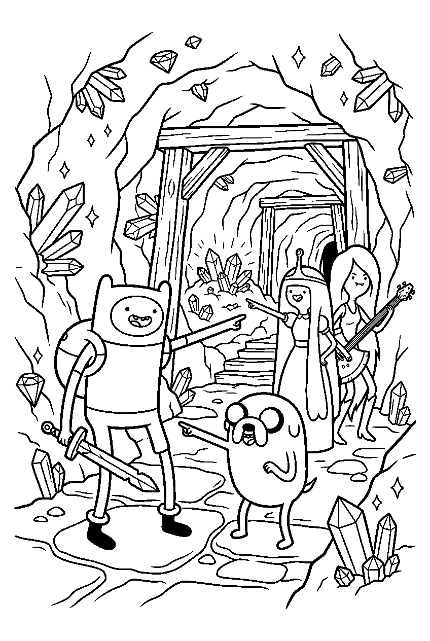 adventure time characters pointing in gemstone mine line art