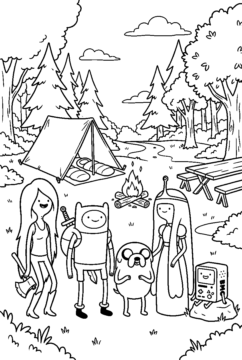 adventure time characters standing in peaceful campsite line art