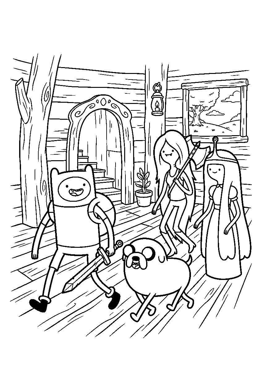adventure time characters walking in tree house line art