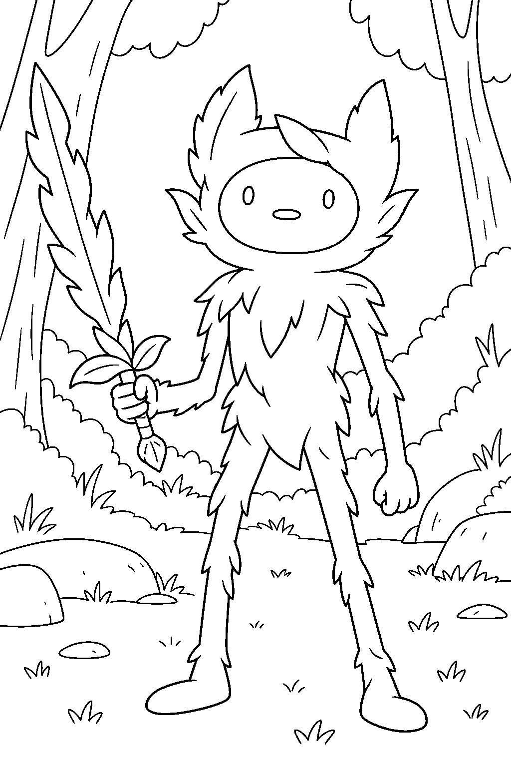 adventure time fern holding his grass sword in a forest clearing line art