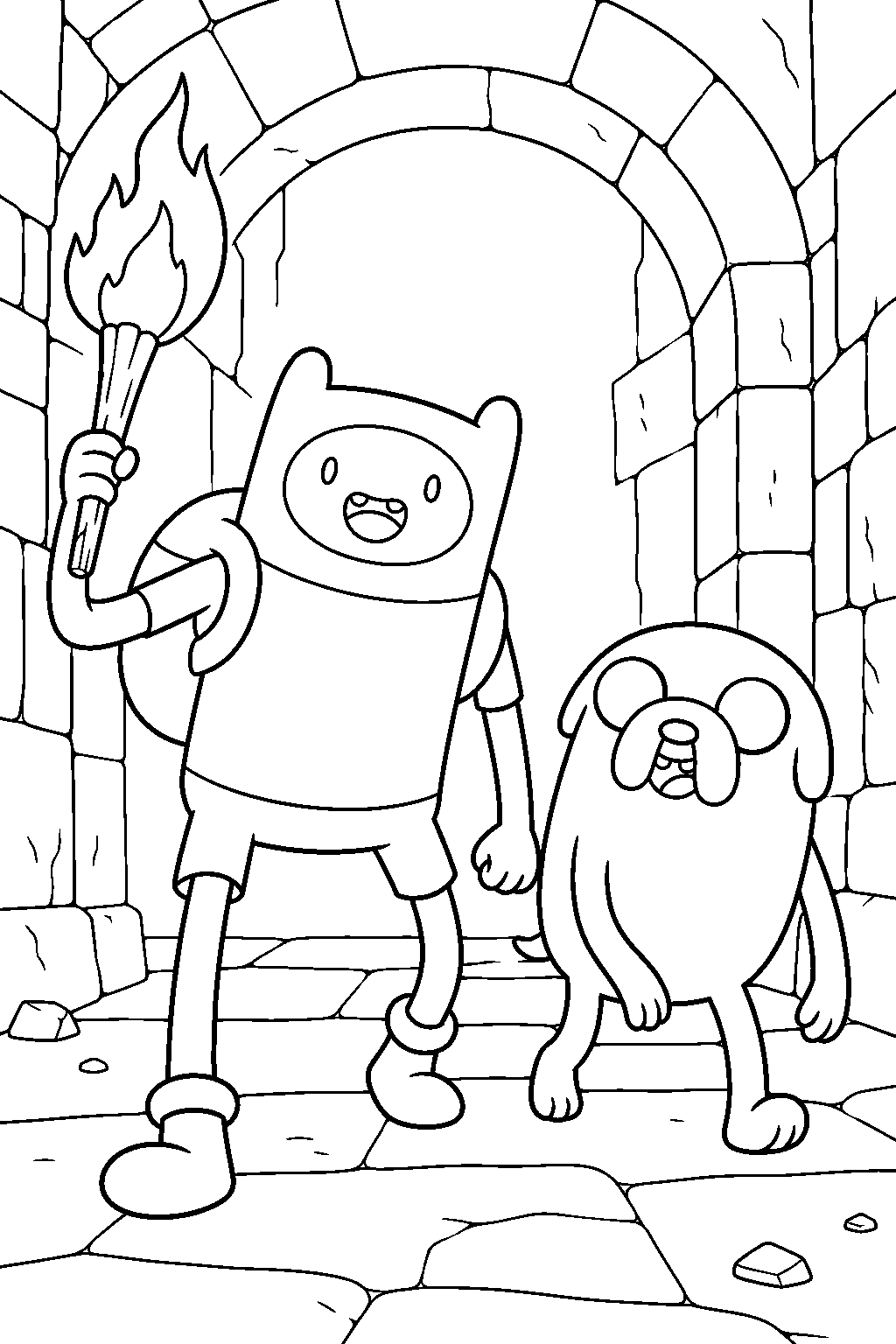 adventure time finn and jake exploring a dungeon with a torch line art