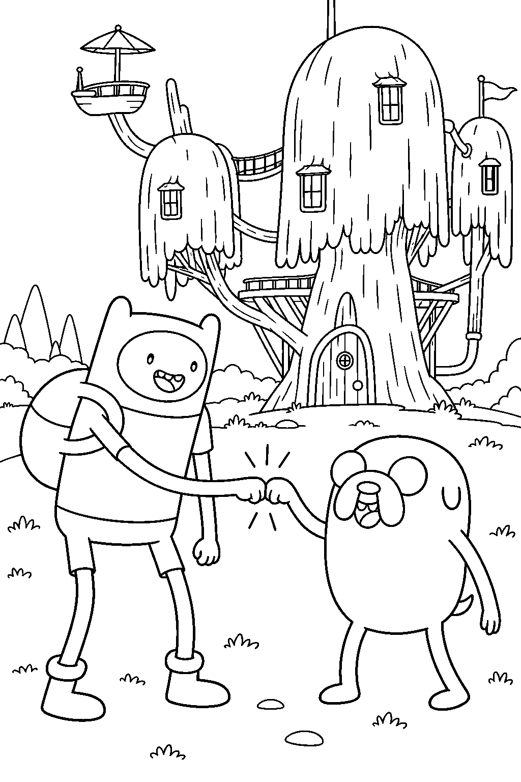 adventure time finn and jake fist bumping outside their tree house line art