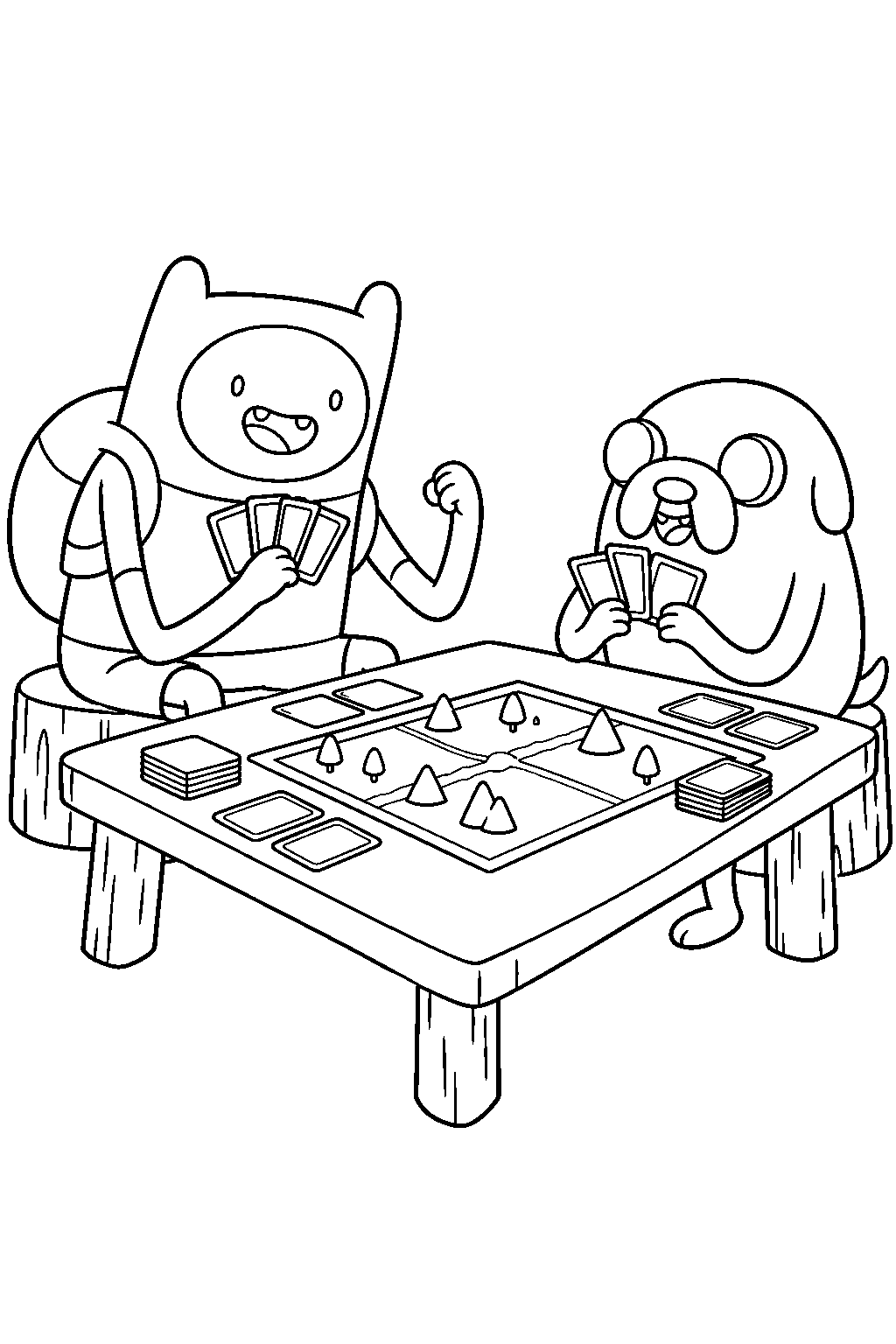 adventure time finn and jake playing card wars at a table line art