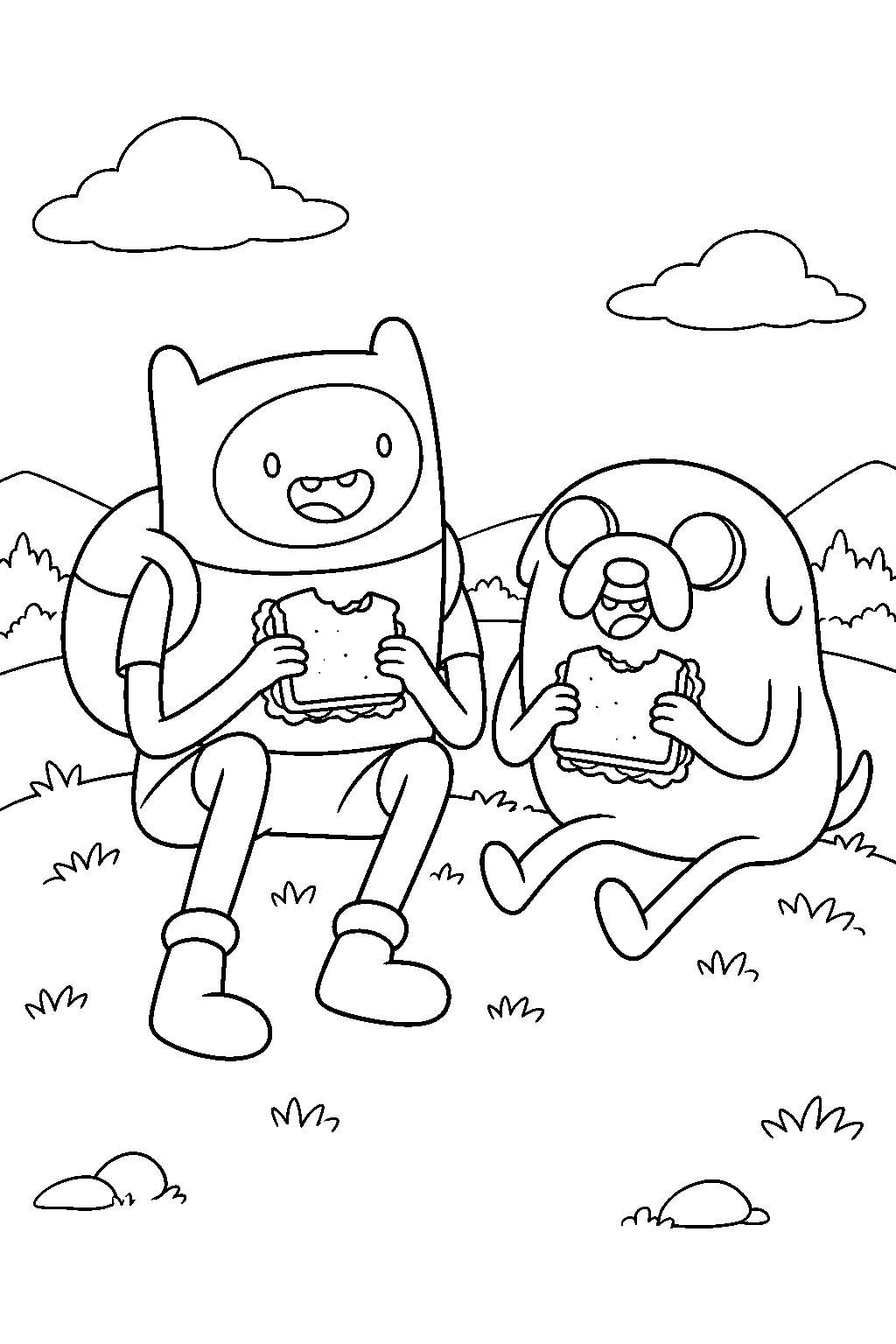 adventure time finn and jake sharing sandwiches on a grassy hill line art