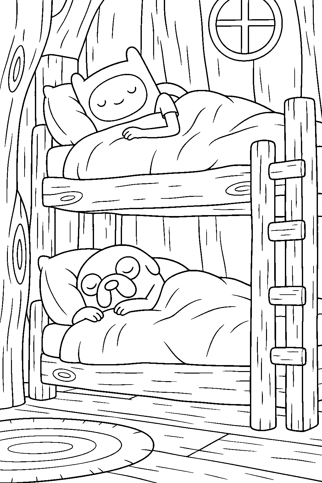 adventure time finn and jake sleeping in their tree house bunk beds line art