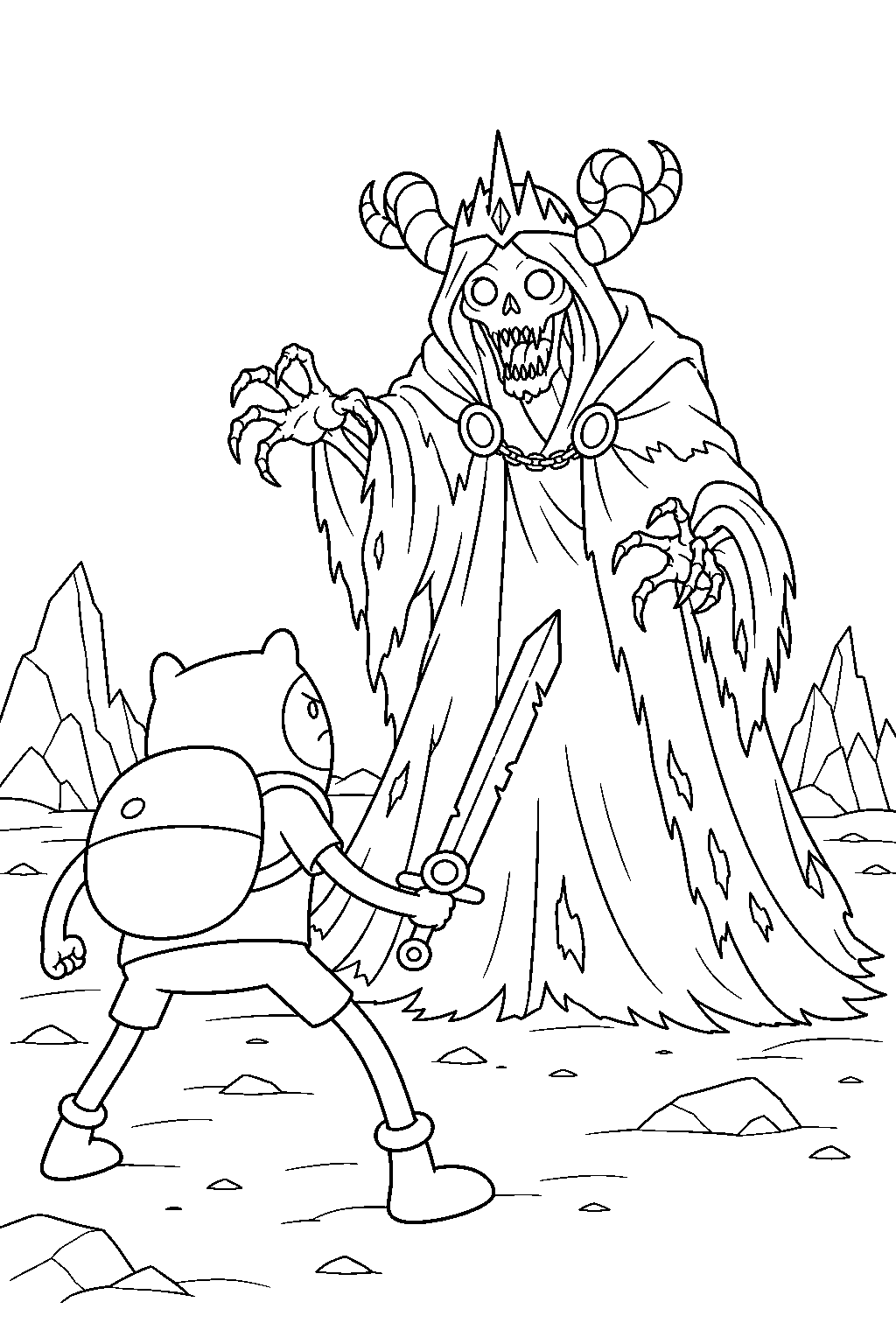 adventure time finn facing the lich with his sword line art
