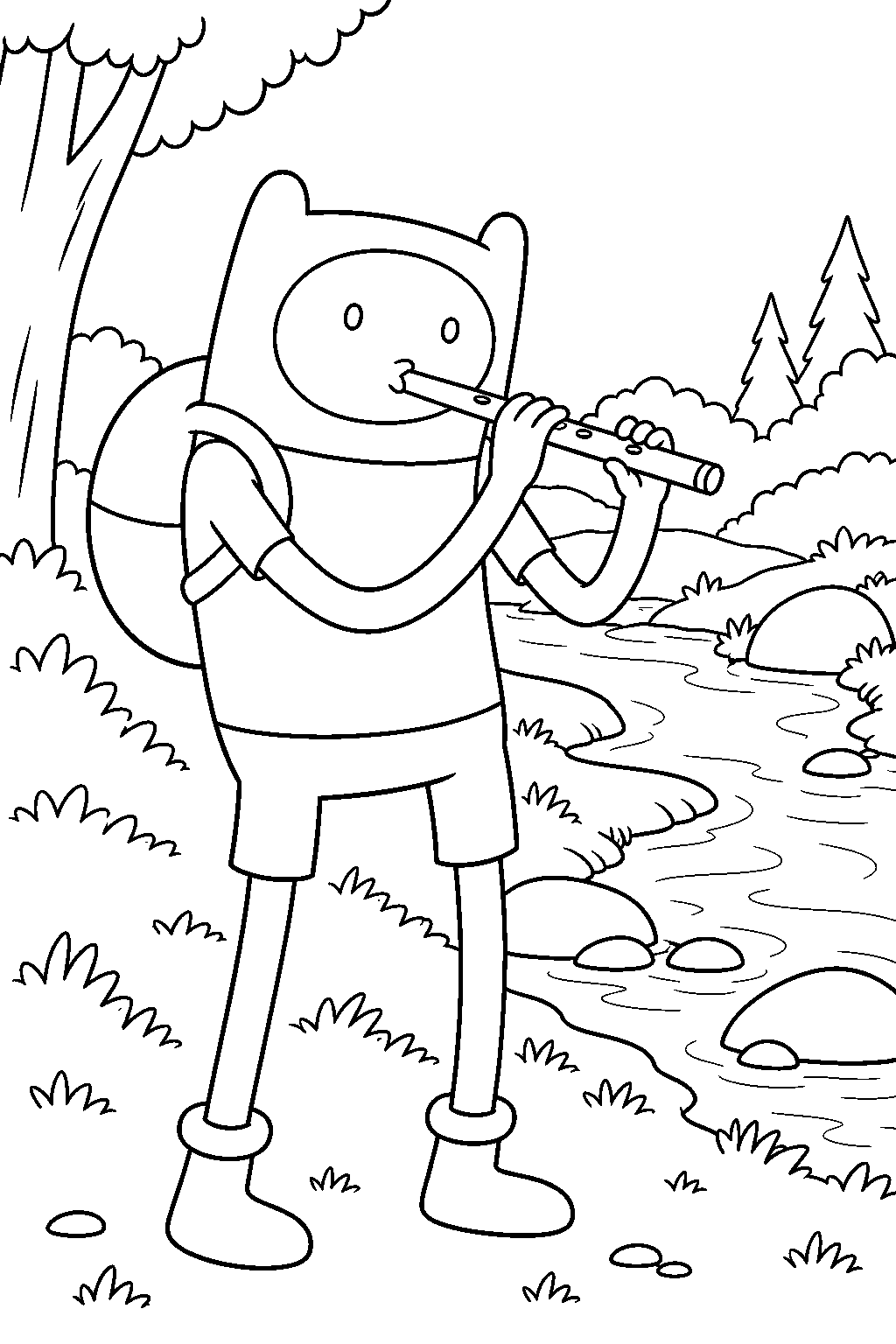adventure time finn playing his flute beside a woodland stream line art