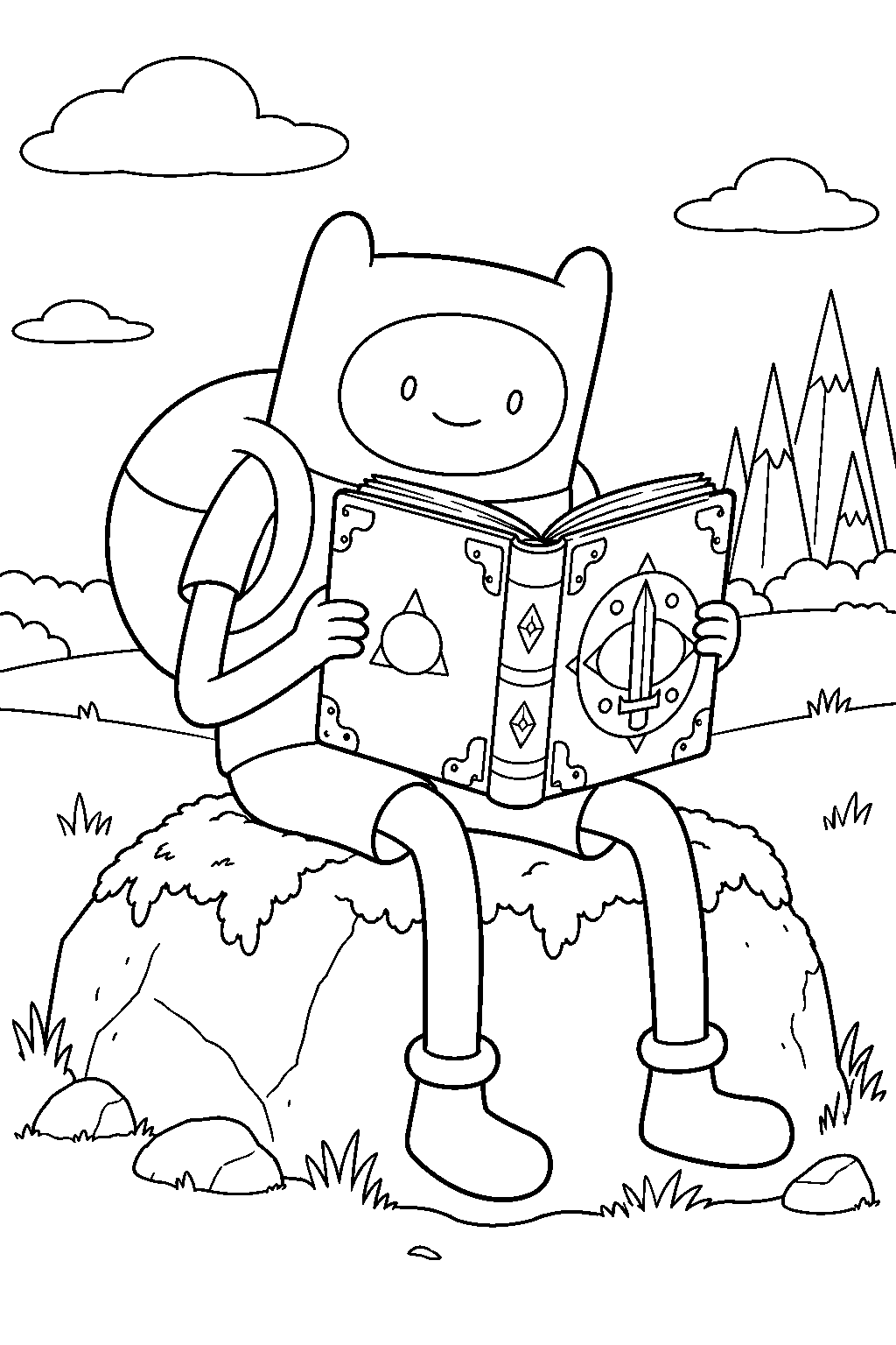 adventure time finn reading the enchiridion on a mossy stone line art