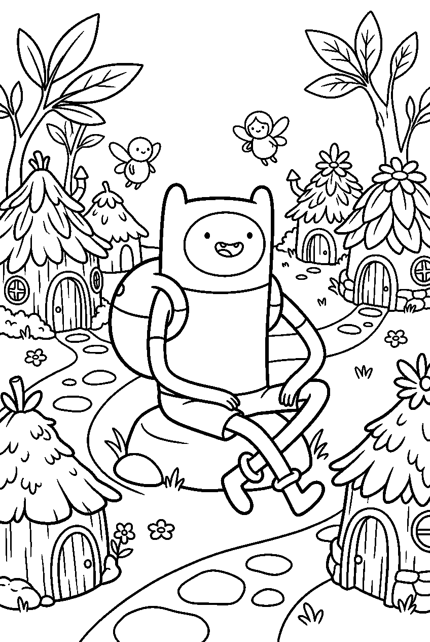 adventure time finn sitting in fairy village line art