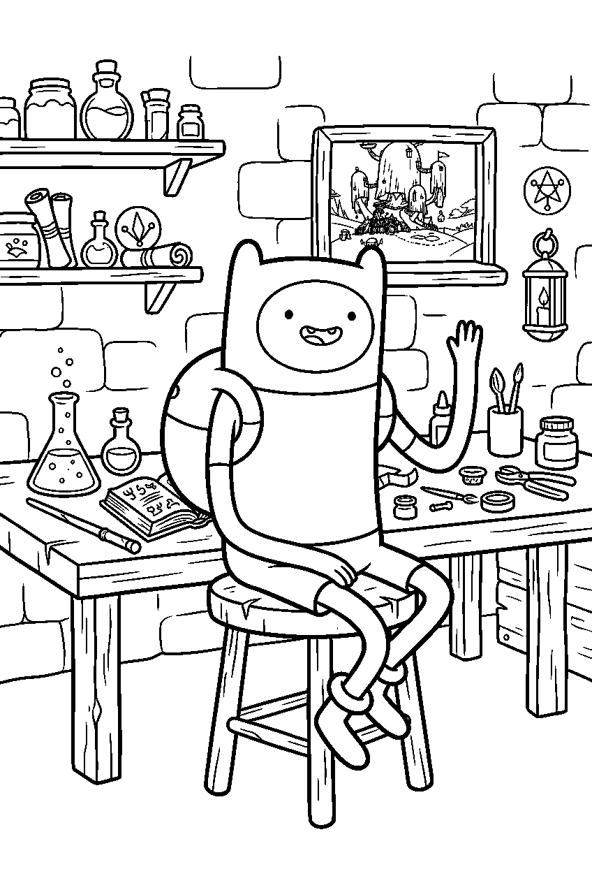 adventure time finn sitting in magical workshop line art