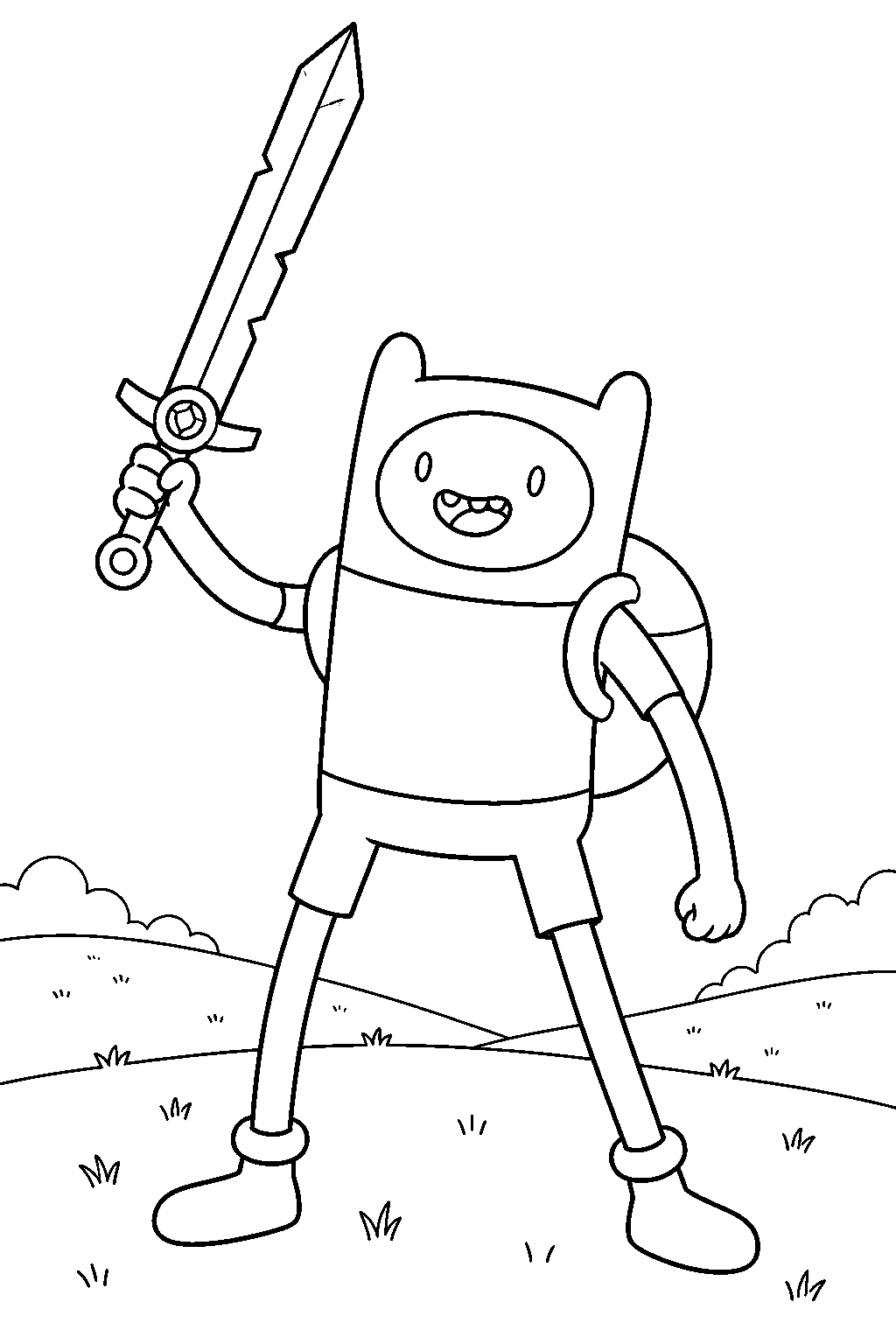 adventure time finn the human holding his golden sword in the grass lands line art
