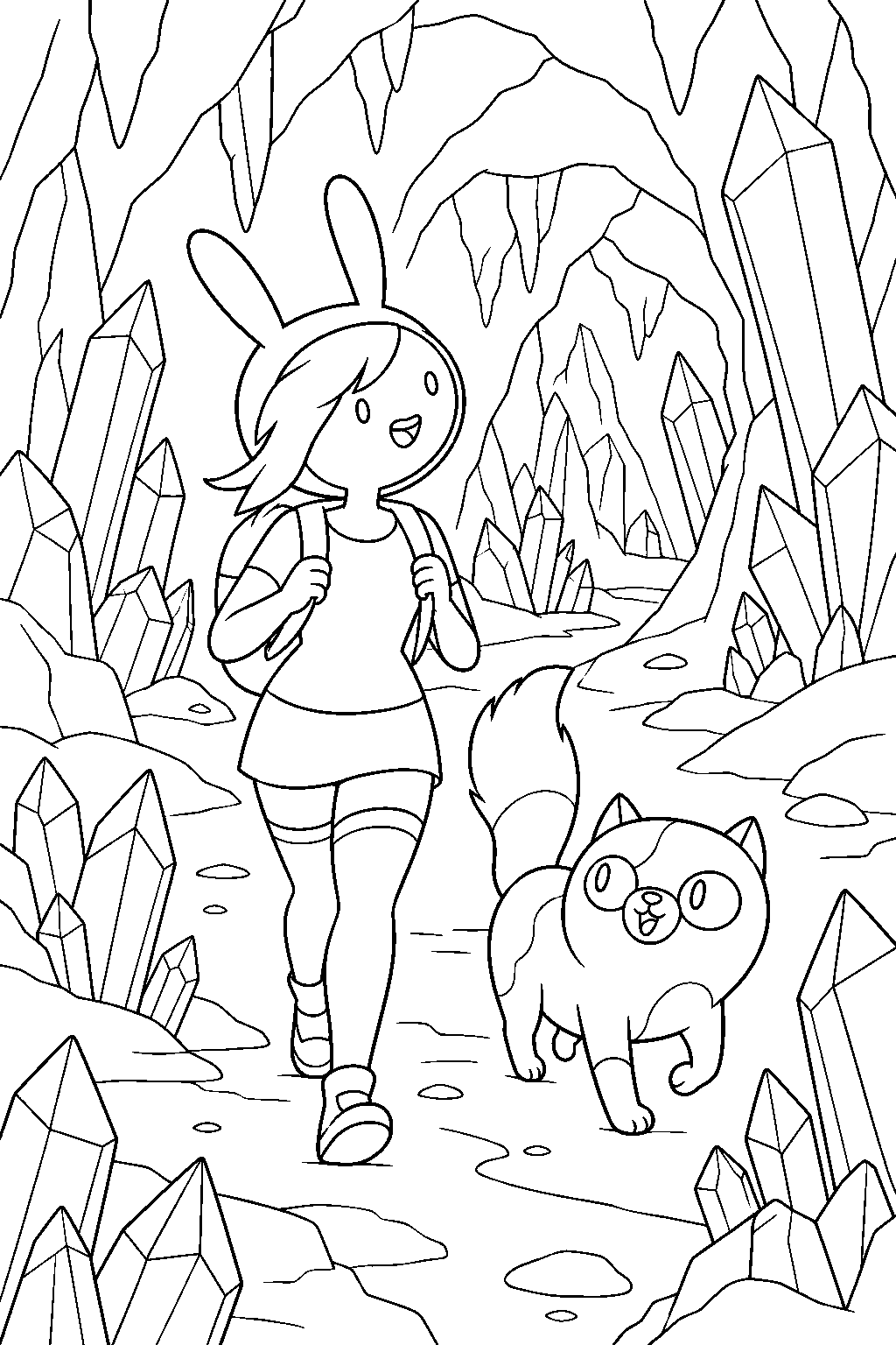 adventure time fionna and cake exploring a crystal cave line art