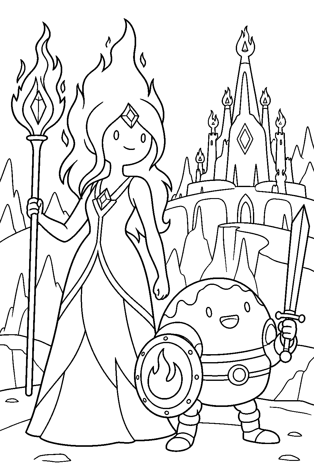 adventure time flame princess and cinnamon bun guarding the fire kingdom line art