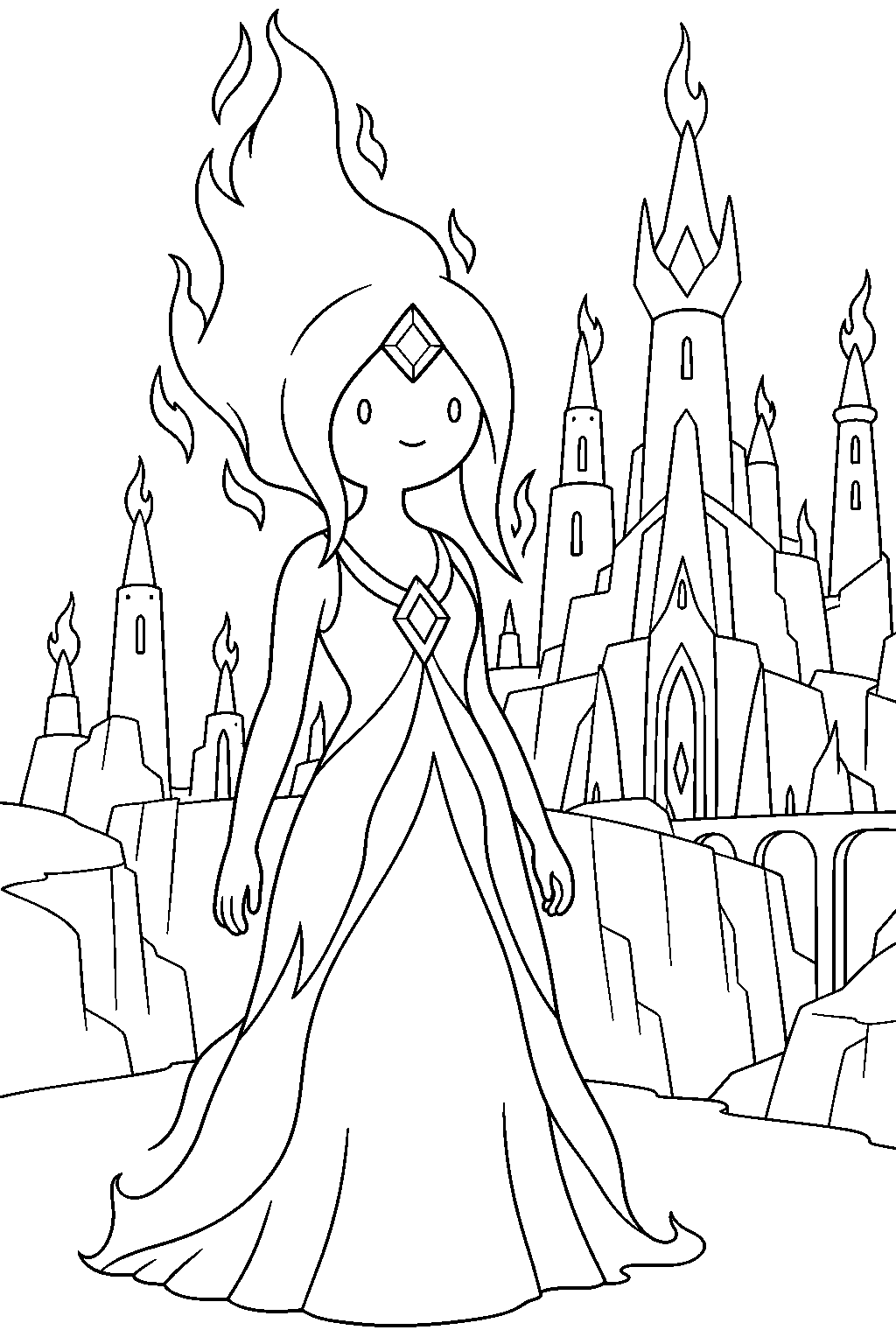adventure time flame princess standing before the fire kingdom palace line art