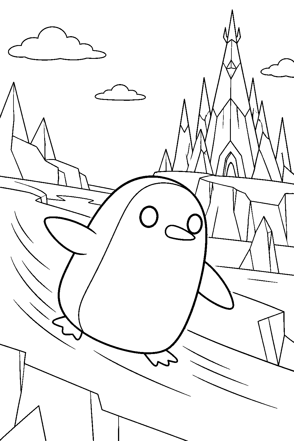 adventure time gunter sliding across the ice beside the ice castle line art