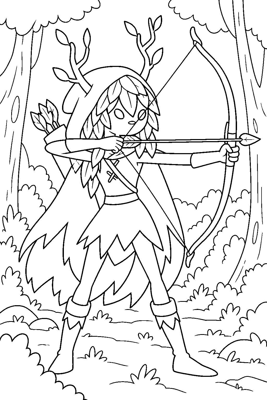 adventure time huntress wizard drawing her bow among forest trees line art