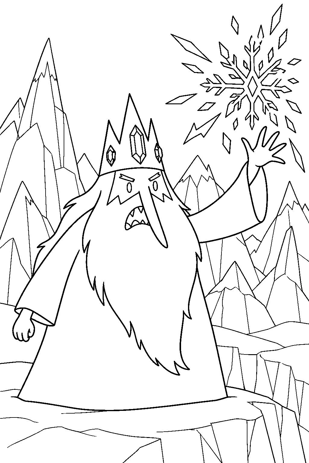 adventure time ice king casting an ice spell above frozen mountains line art