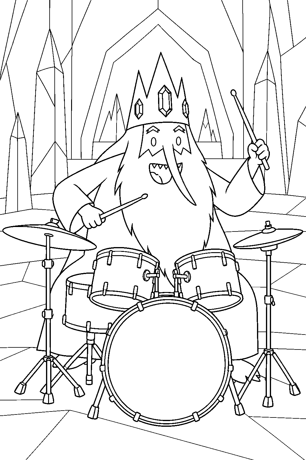 adventure time ice king playing his drum kit in the ice castle line art