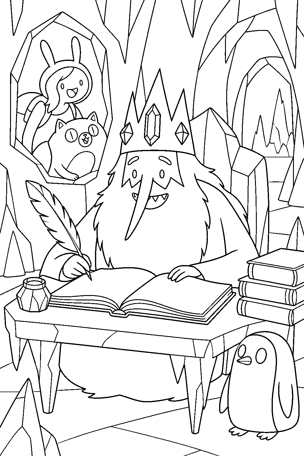 adventure time ice king writing a fionna and cake story in his cave line art