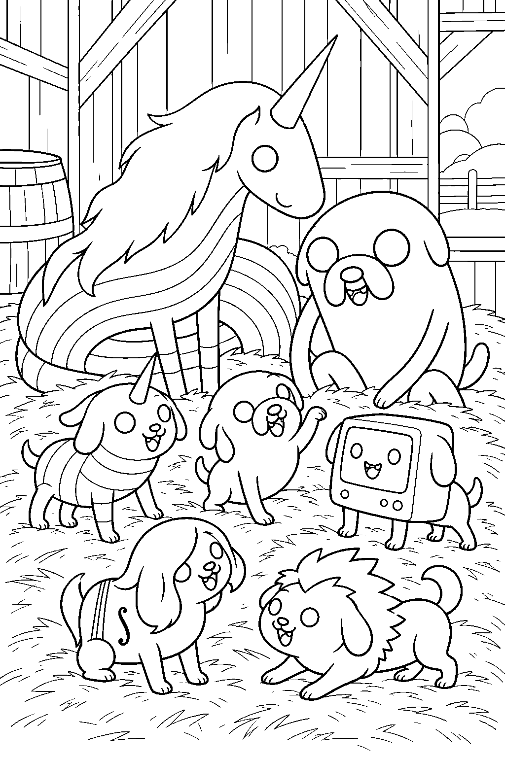 adventure time jake and lady rainicorn watching their five puppies in the barn line art