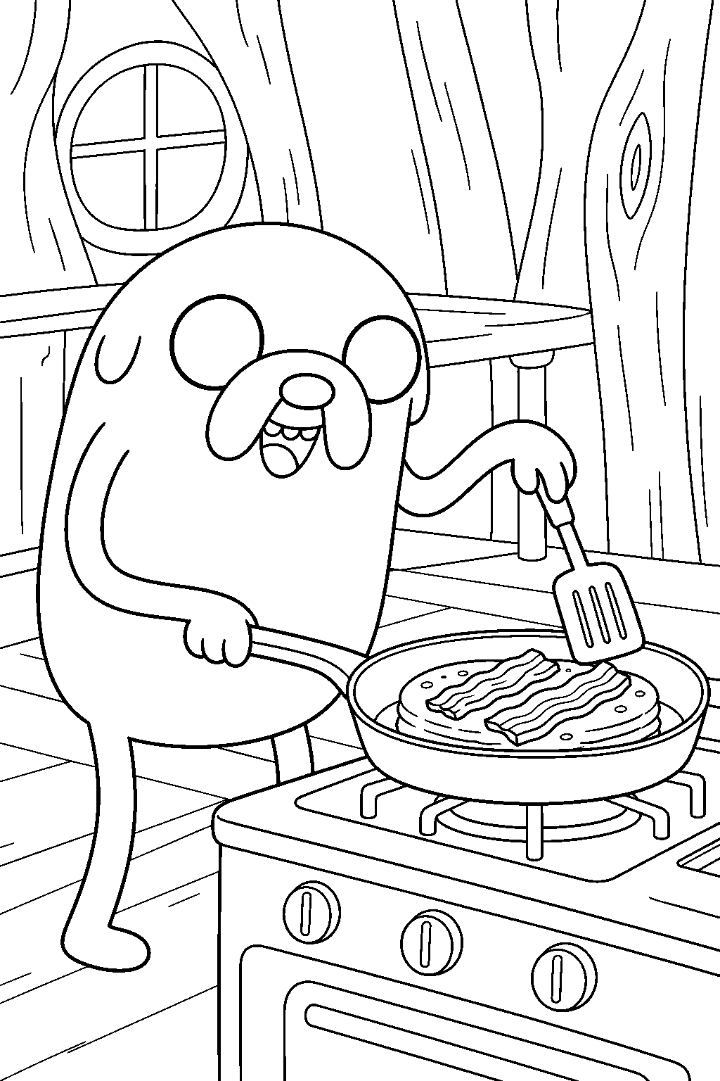 adventure time jake the dog cooking bacon pancakes in the tree house kitchen line art