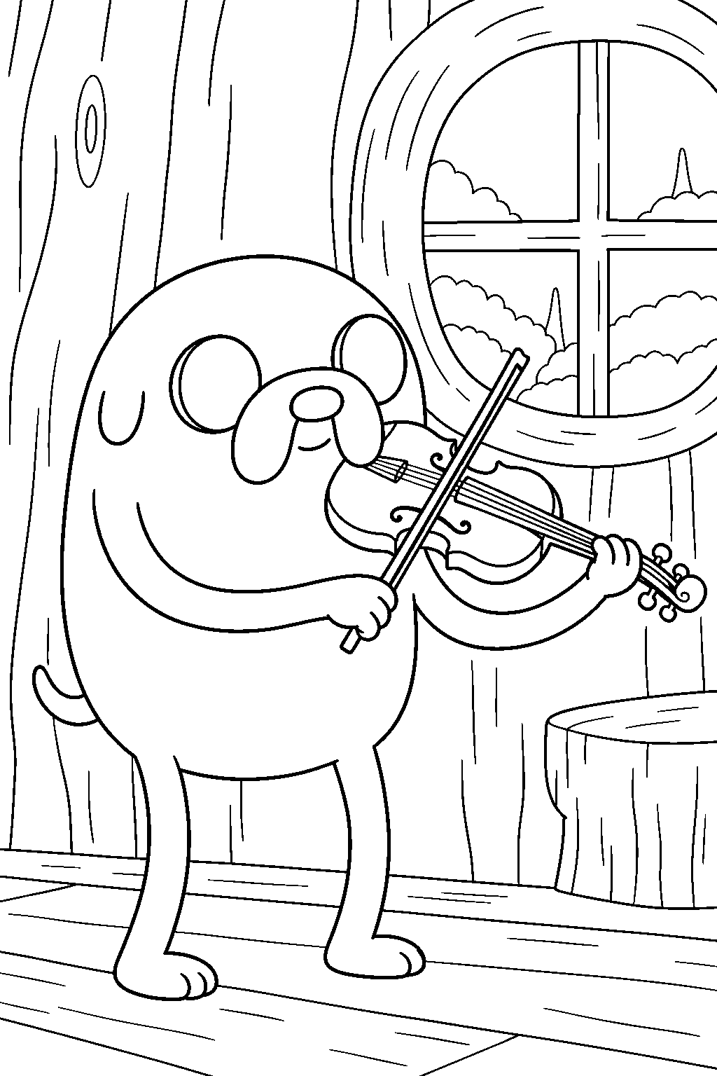 adventure time jake the dog playing his viola beside the tree house window line art