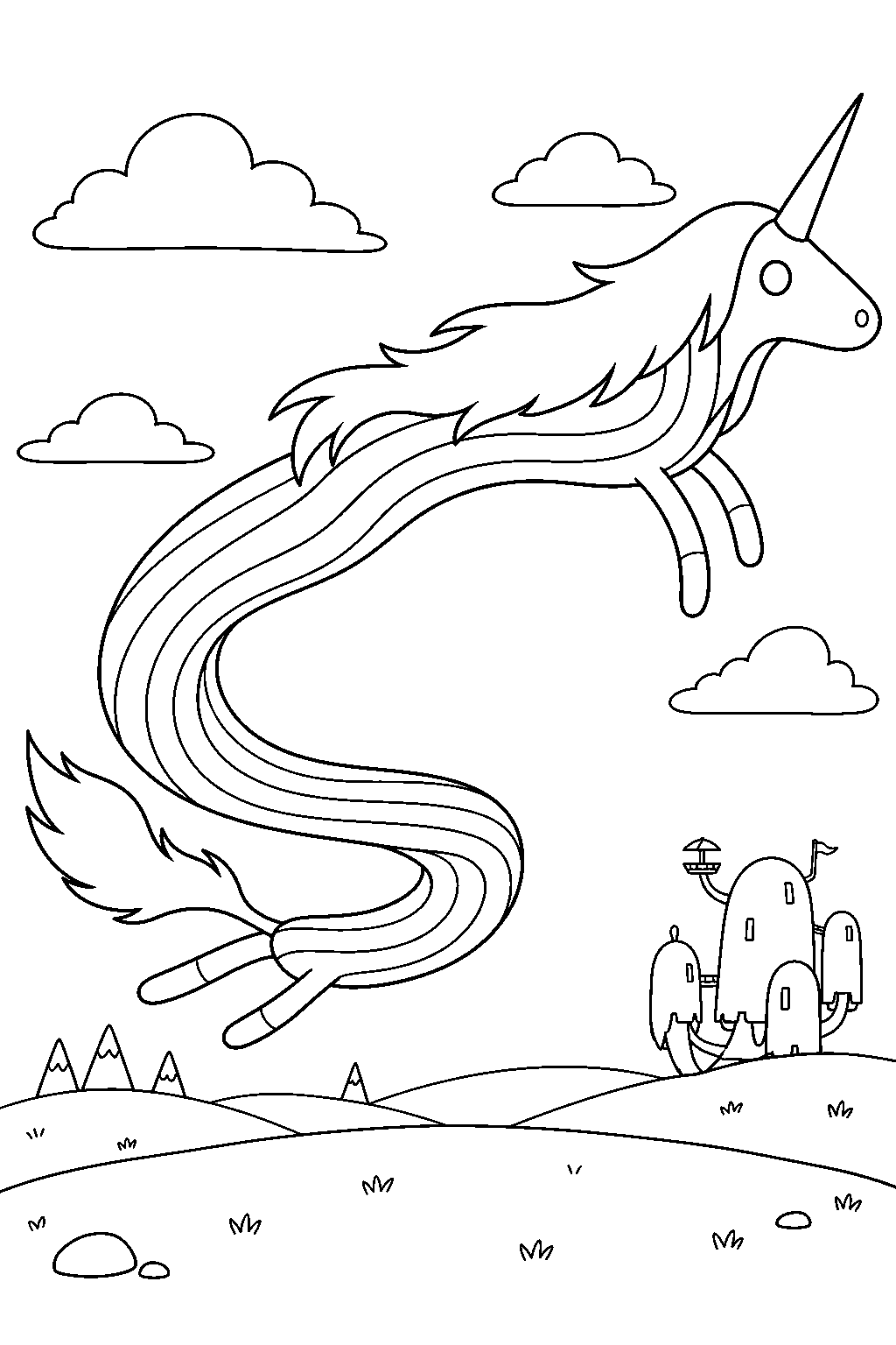 adventure time lady rainicorn flying above the grass lands line art