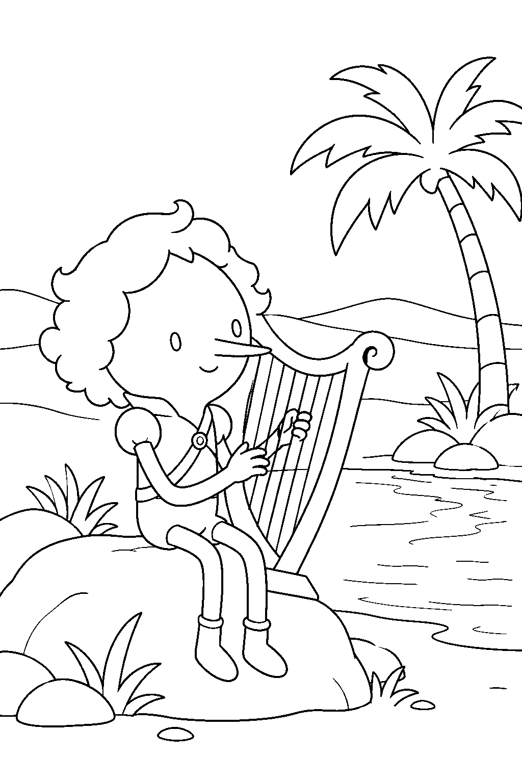 adventure time lemonhope playing his harp beside a desert oasis line art