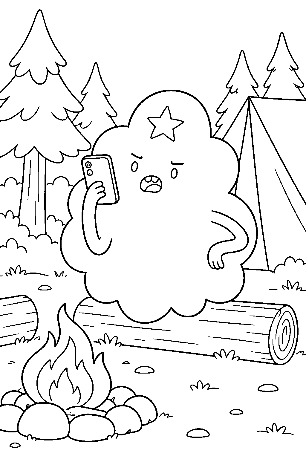 adventure time lumpy space princess using her phone at her forest campsite line art