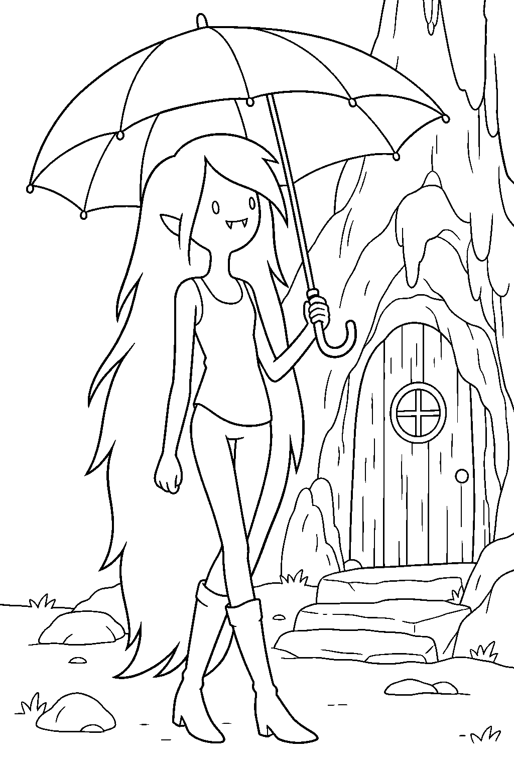 adventure time marceline holding an umbrella outside her cave house line art